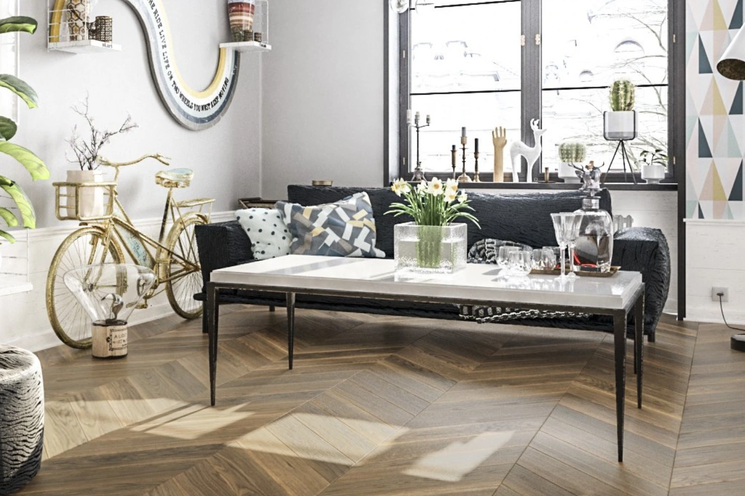 Jasny, przestronny salon urządzony w stylu eklektycznym